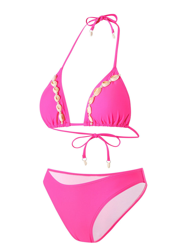 Rose Red 1940s Boho Seashell Halter Bikini Set