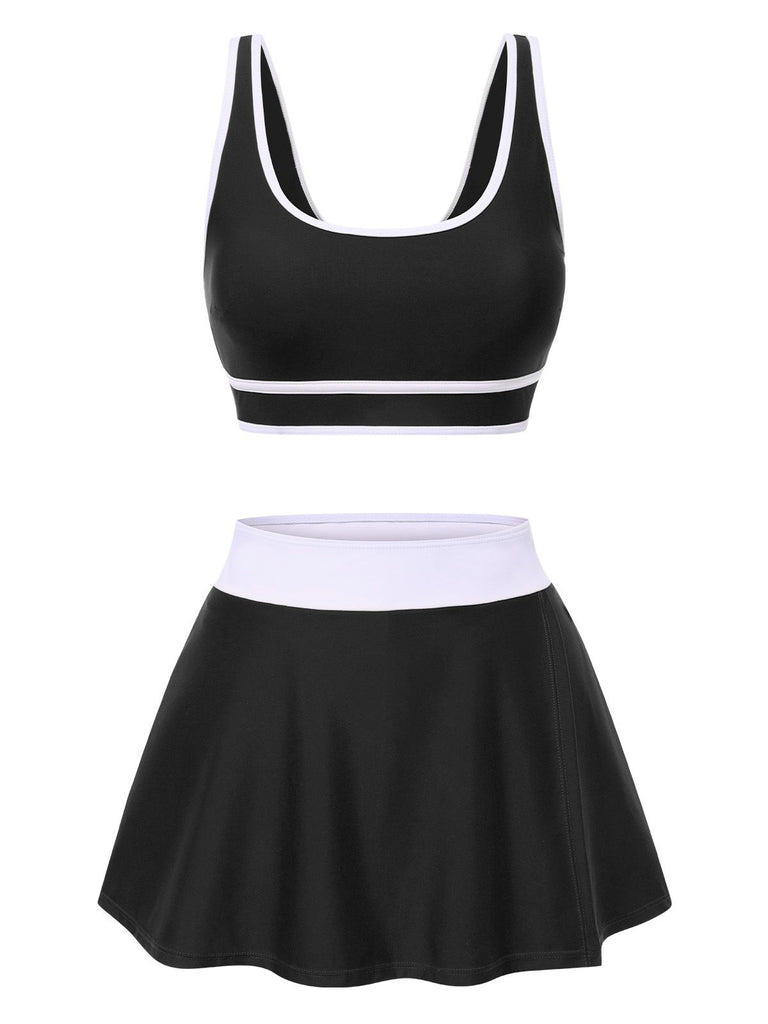 2PCS 1940s Square Neck Side Slit Colorblock Skirt Swimsuit