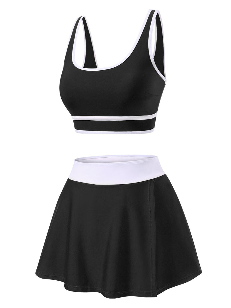 2PCS 1940s Square Neck Side Slit Colorblock Skirt Swimsuit