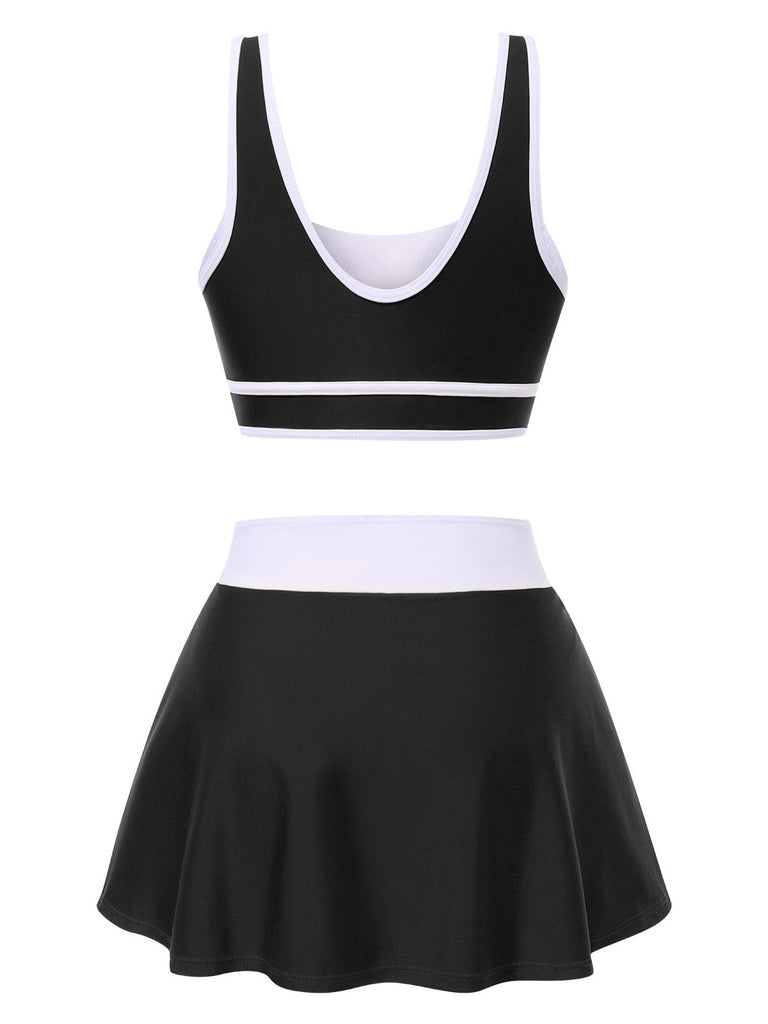 2PCS 1940s Square Neck Side Slit Colorblock Skirt Swimsuit