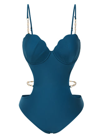 Teal 1960s Seashell Spaghetti Strap Cut-Out Swimsuit