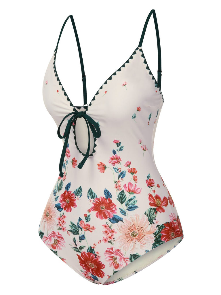 1950s Floral Print Spaghetti Strap One-Piece Swimsuit