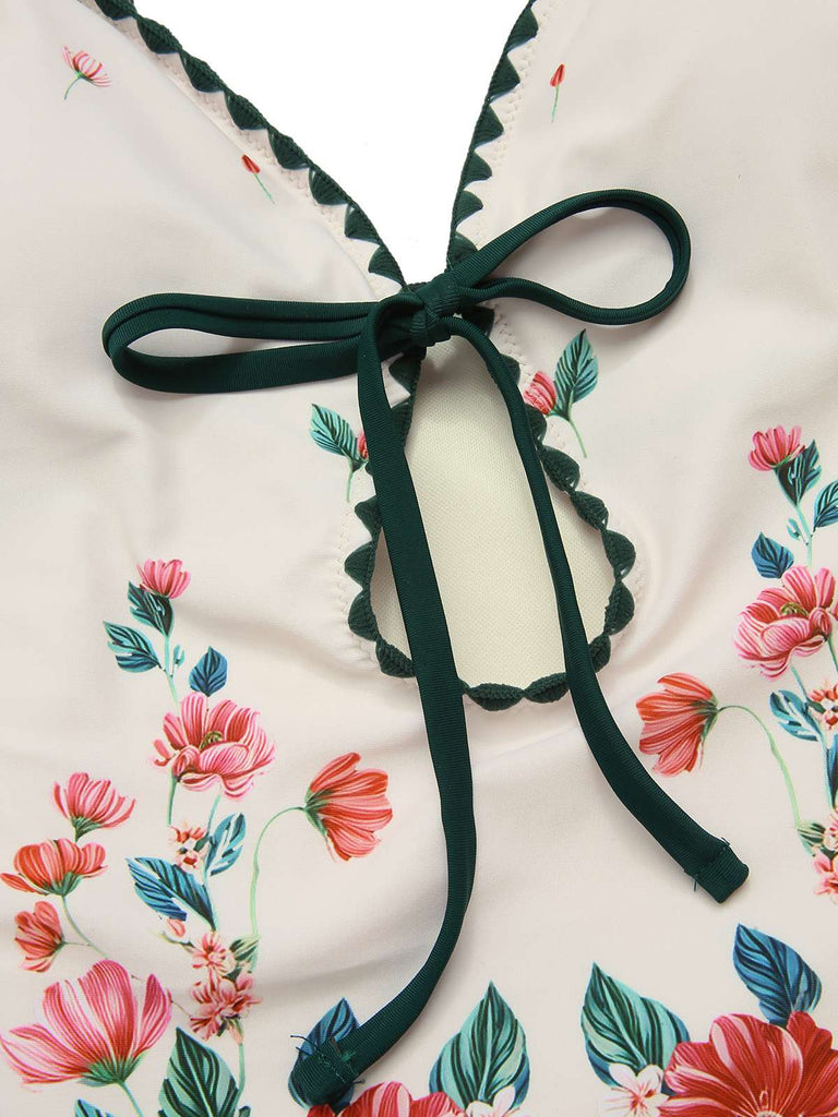 1950s Floral Print Spaghetti Strap One-Piece Swimsuit