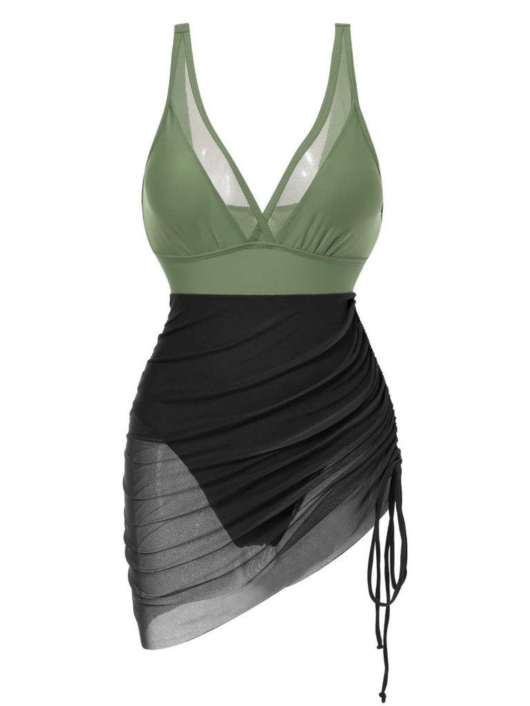 1950s Strap Sheer Mesh Solid One-Piece Swimsuit