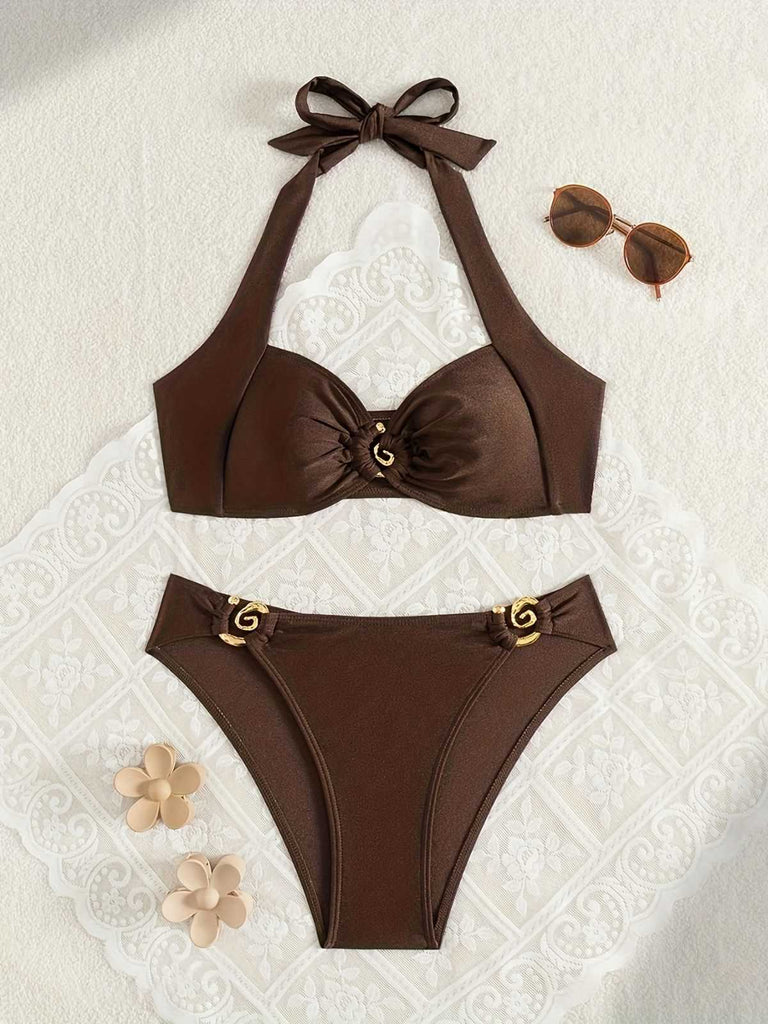 Brown 1950s Golden Ring Halter Bikini Set