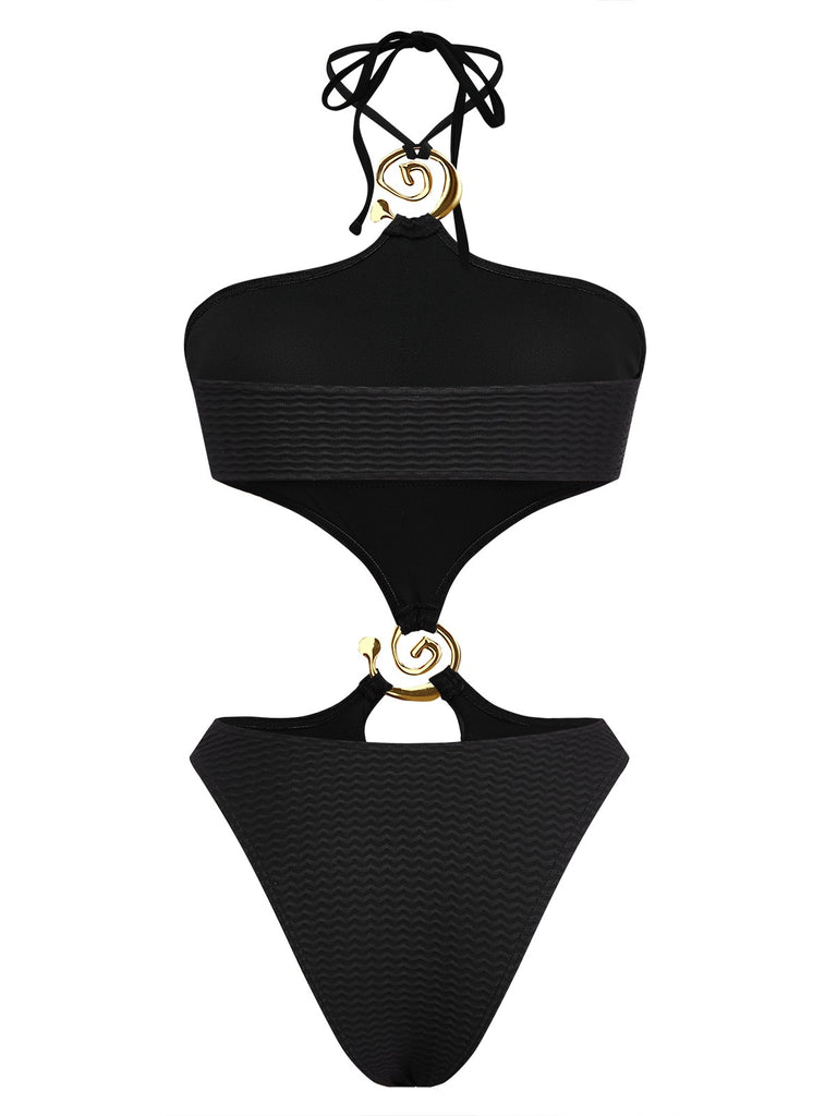 Black 1960s Textured Hollow-Out Halter Swimsuit