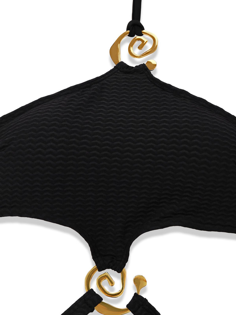 Black 1960s Textured Hollow-Out Halter Swimsuit