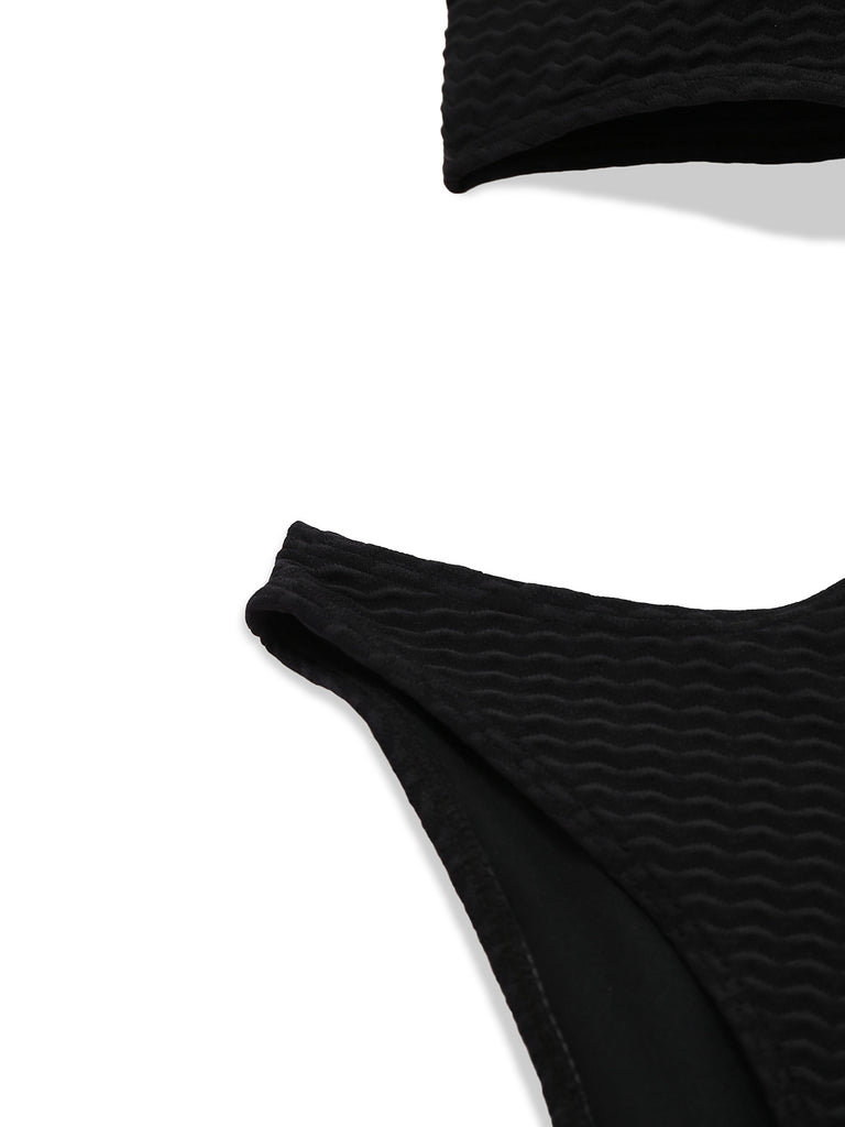 Black 1960s Textured Hollow-Out Halter Swimsuit
