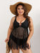 [Plus Size] Black 1950s Solid Bohemian Lace Tankini Set