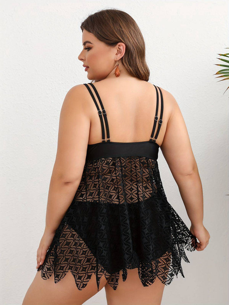 [Plus Size] Black 1950s Solid Bohemian Lace Tankini Set
