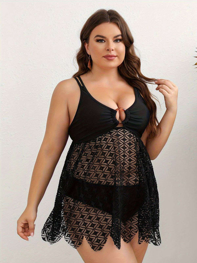 [Plus Size] Black 1950s Solid Bohemian Lace Tankini Set
