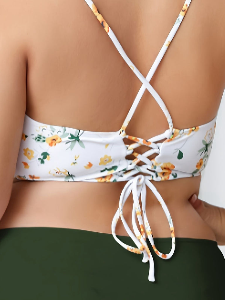 [Plus Size] Green 1950s Lace-Up Floral Bikini Set