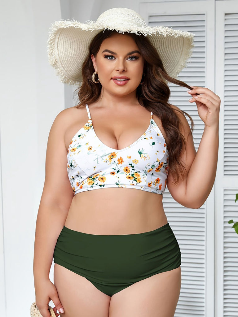 [Plus Size] Green 1950s Lace-Up Floral Bikini Set