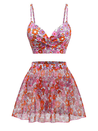 2PCS Multicolor 1950s Cartoon Floral Bikini Set & Cover-Up