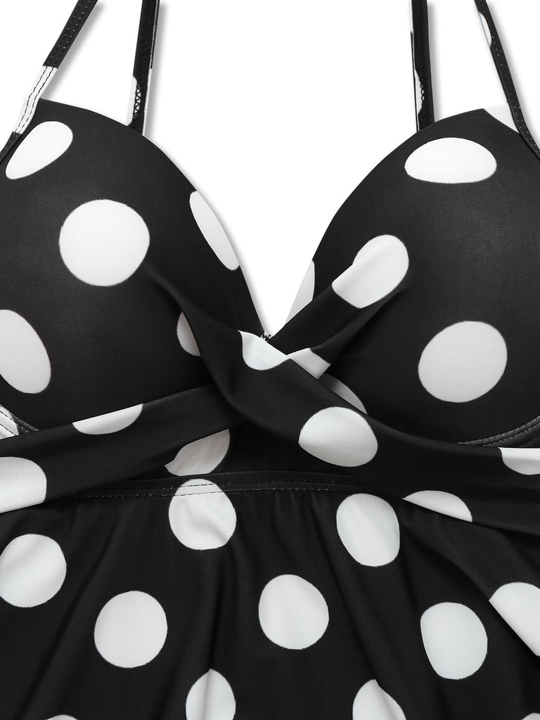 Black 1950s Polka Dots One-Piece Swim Dress