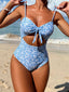 Blue 1950s Spaghetti Straps Hollow Floral Swimsuit