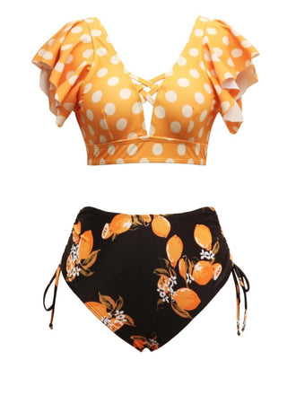 Orange 1950s Polka Dots Lemon Ruffled Bikini Set