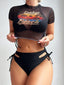 1960s Tropical Beach Drawstring Bikini Set & Sheer Top