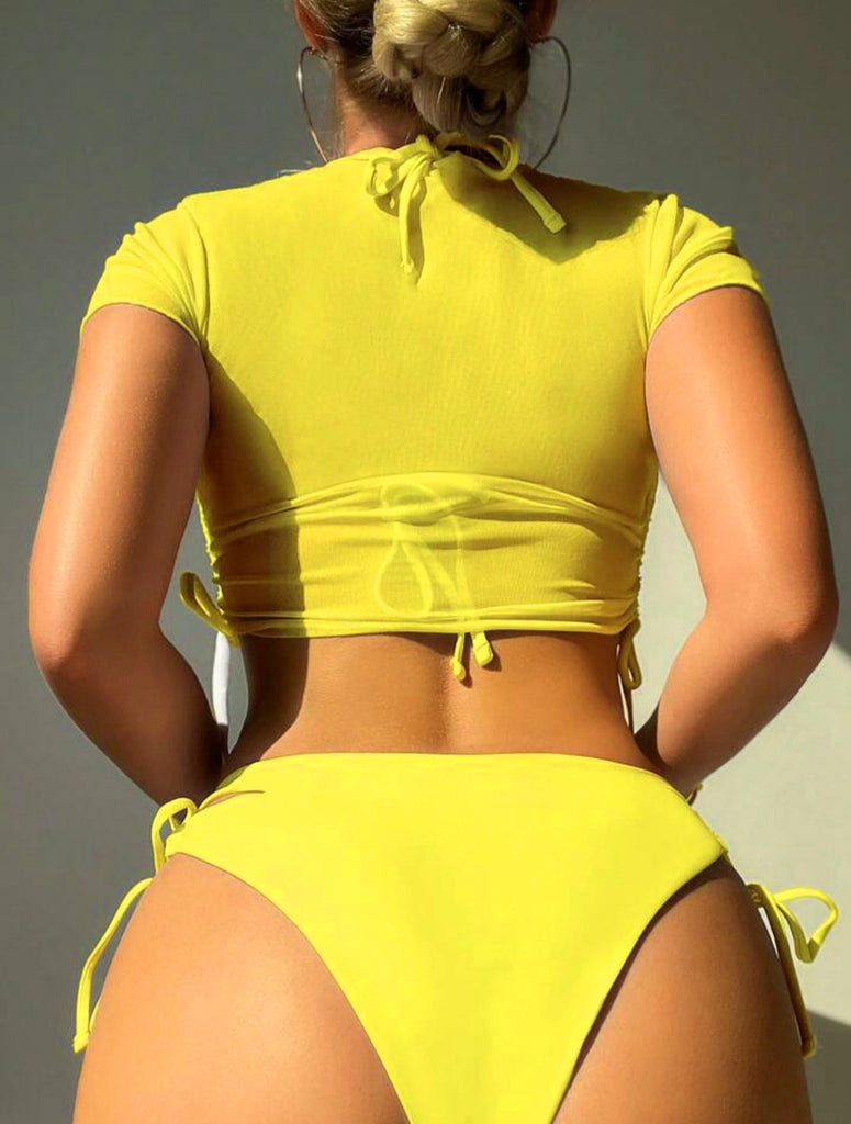 1960s Tropical Beach Drawstring Bikini Set & Sheer Top