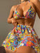 Multicolor 1960s Cartoon Prints Halter Bikini Set