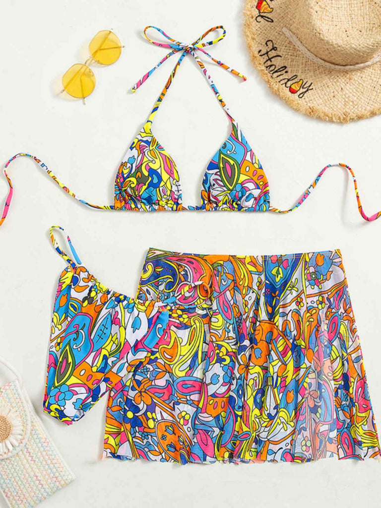 Multicolor 1960s Cartoon Prints Halter Bikini Set
