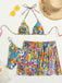 Multicolor 1960s Cartoon Prints Halter Bikini Set