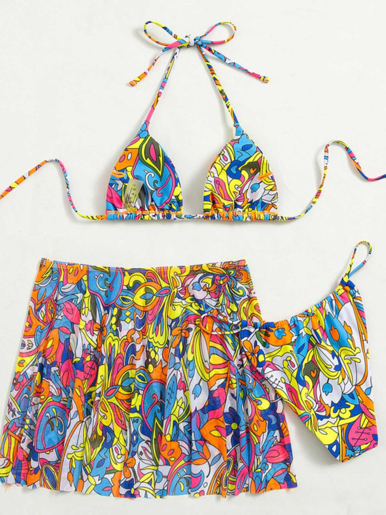 Multicolor 1960s Cartoon Prints Halter Bikini Set