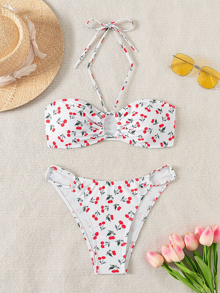 White 1950s Halter Cherry Bikini Set