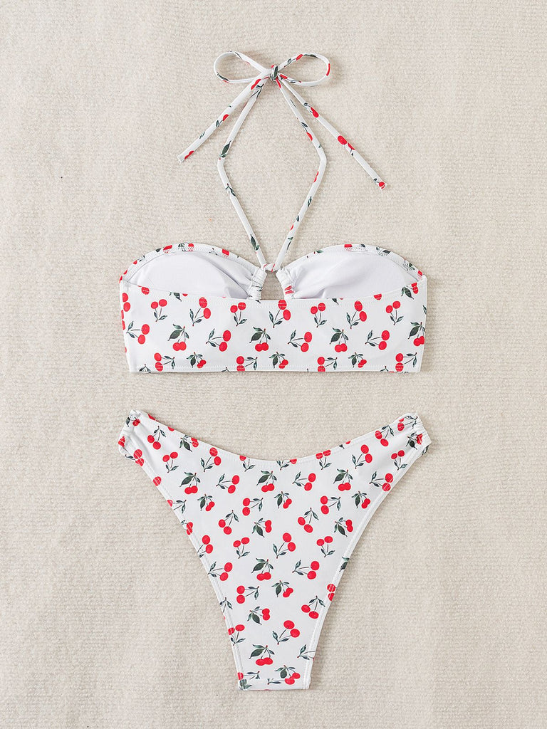 White 1950s Halter Cherry Bikini Set