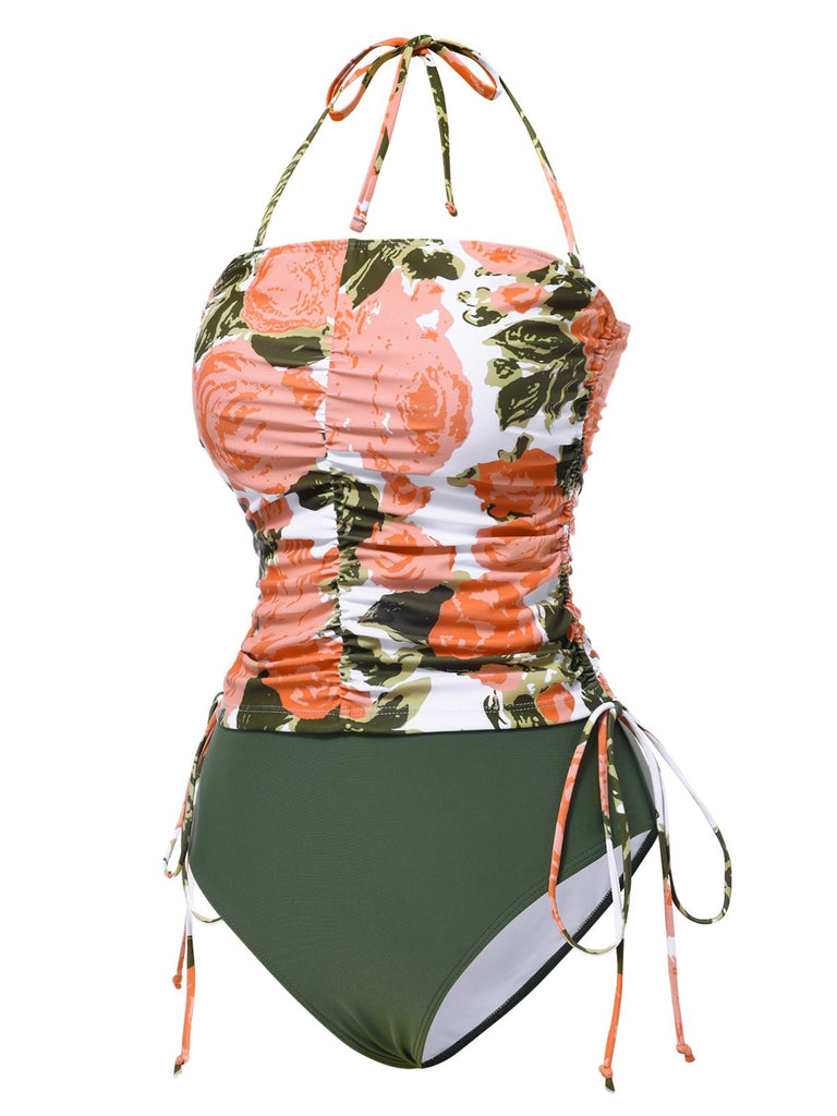 Green 1960s Bandeau Halter Floral Drawstring Swimsuit