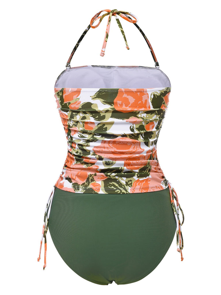Green 1960s Bandeau Halter Floral Drawstring Swimsuit