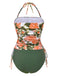 Green 1960s Bandeau Halter Floral Drawstring Swimsuit