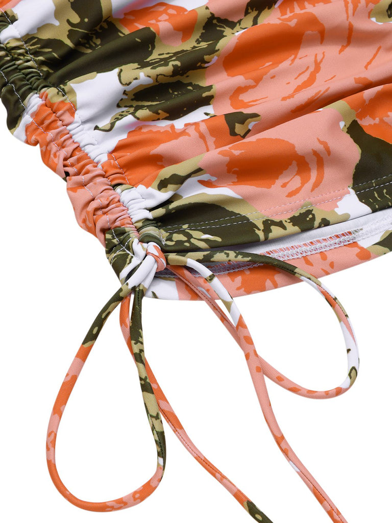 Green 1960s Bandeau Halter Floral Drawstring Swimsuit