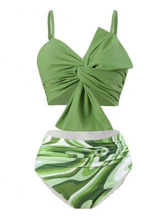 Green 1960s Knotted Watercolor Straps Swimsuit