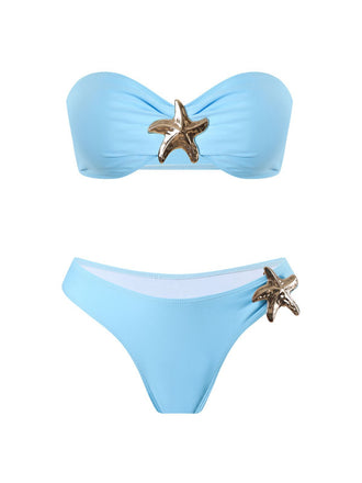 2PCS Blue 1950s Solid Starfish Bandeau Bikini Set & Cover Up