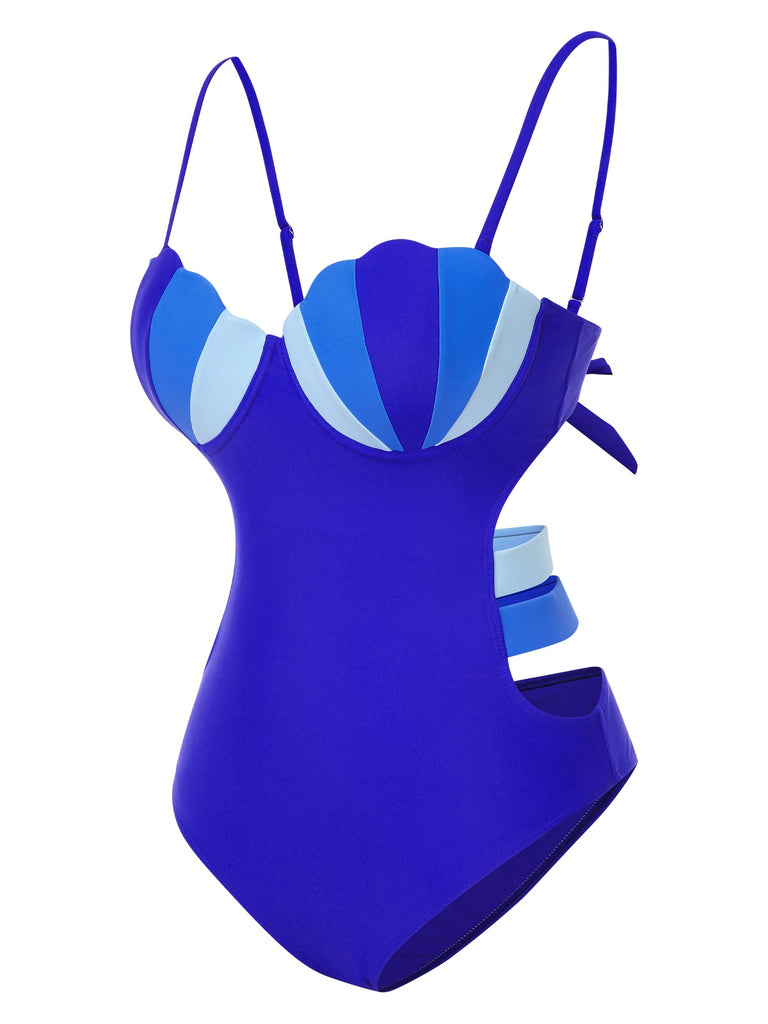 Blue 1950s Seashell Hollow One-Piece Swimsuit