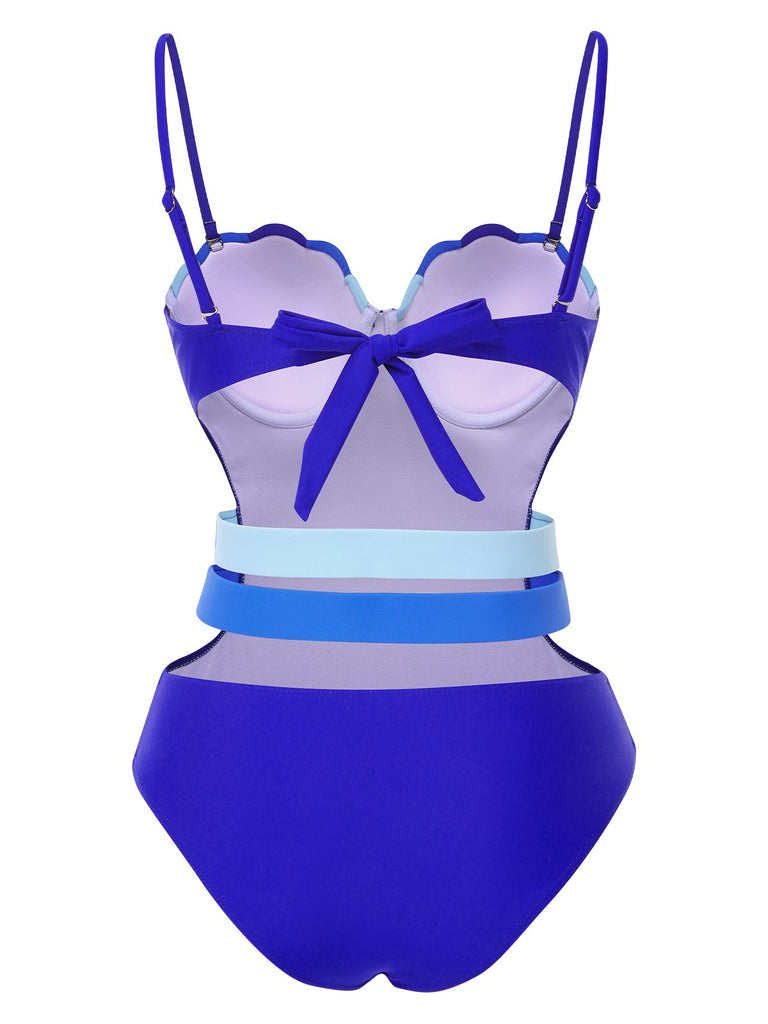 Blue 1950s Seashell Hollow One-Piece Swimsuit