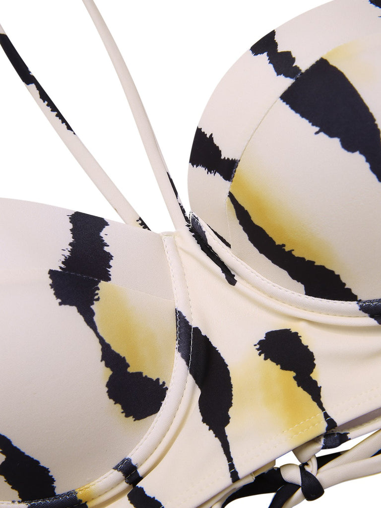 Beige 1950s Back Cross Straps Ink Splash Swimsuit