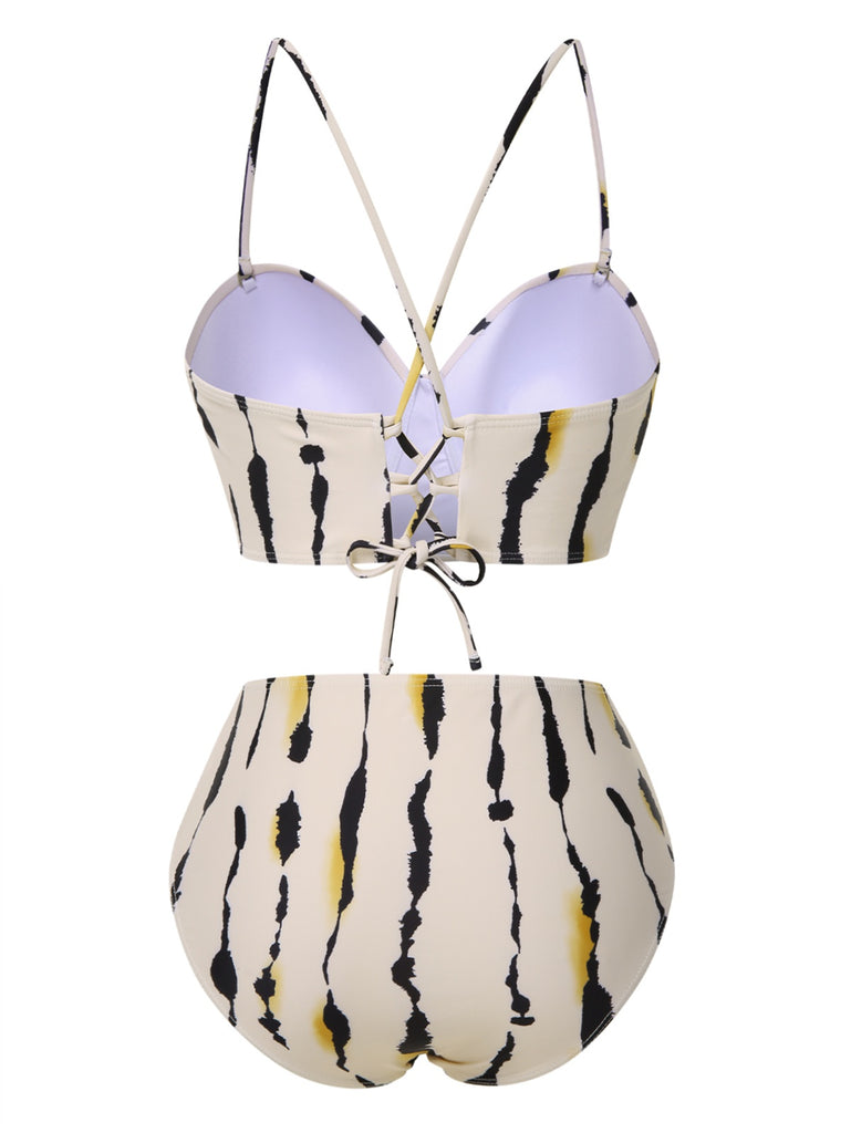 Beige 1950s Back Cross Straps Ink Splash Swimsuit