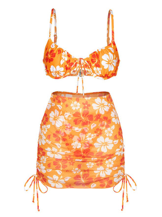 Orange 1950s Silhouette Floral Straps Skirt Bikini