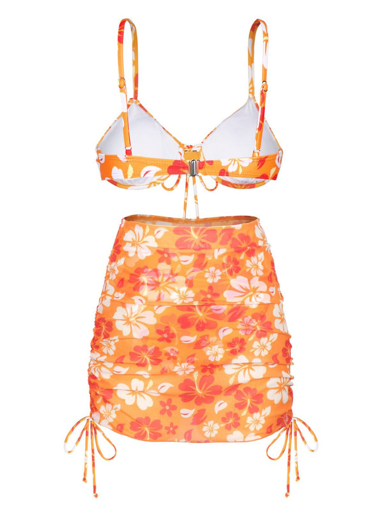 Orange 1950s Silhouette Floral Straps Skirt Bikini