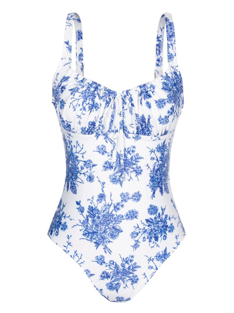 Blue 1950s Ink Floral One-Piece Swimsuit