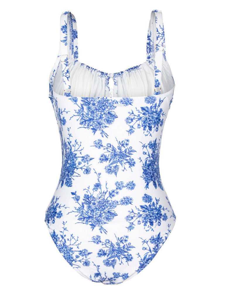 Blue 1950s Ink Floral One-Piece Swimsuit
