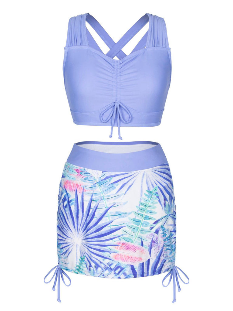 Lavender 1950s Tropical Plant Drawstring Swimsuit