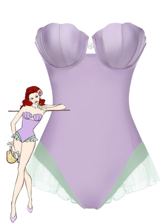Purple 1970s Shell Mermaid Bandeau One-Piece Swimsuit