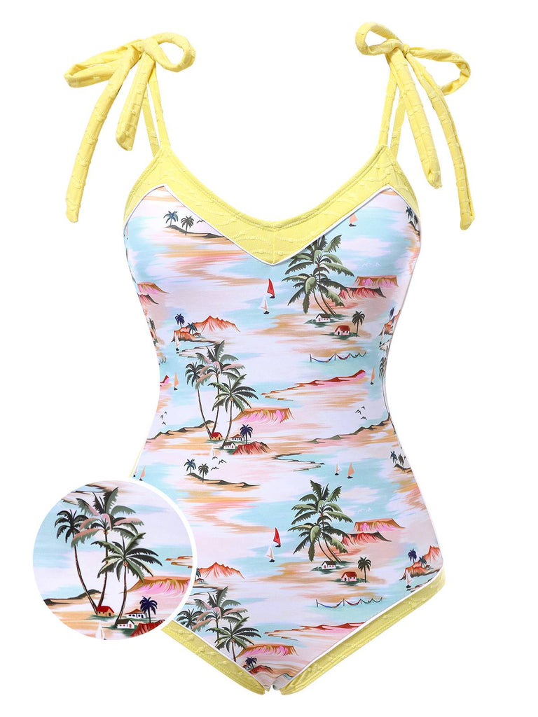 [Pre-Sale] Yellow 1950s Beach Prints One-Piece Swimsuit