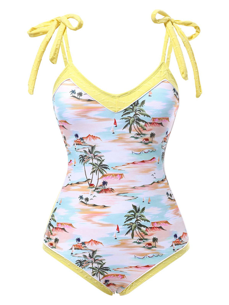 [Pre-Sale] Yellow 1950s Beach Prints One-Piece Swimsuit