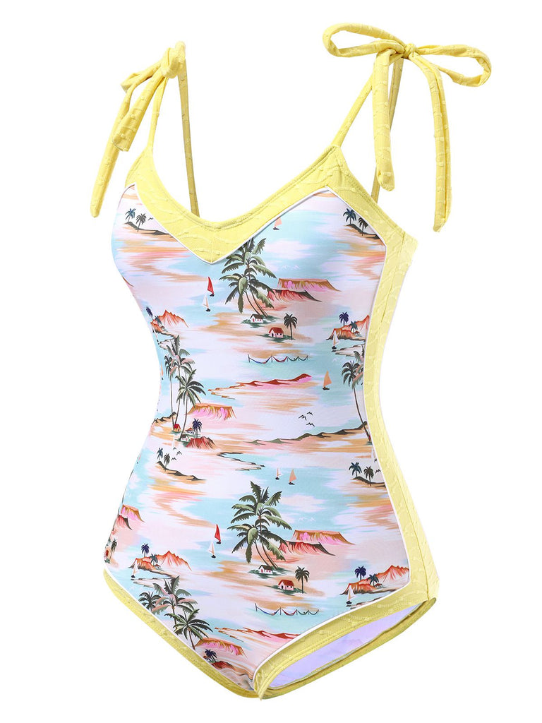 [Pre-Sale] Yellow 1950s Beach Prints One-Piece Swimsuit