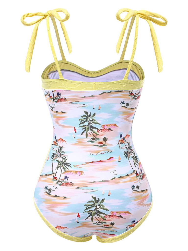 [Pre-Sale] Yellow 1950s Beach Prints One-Piece Swimsuit