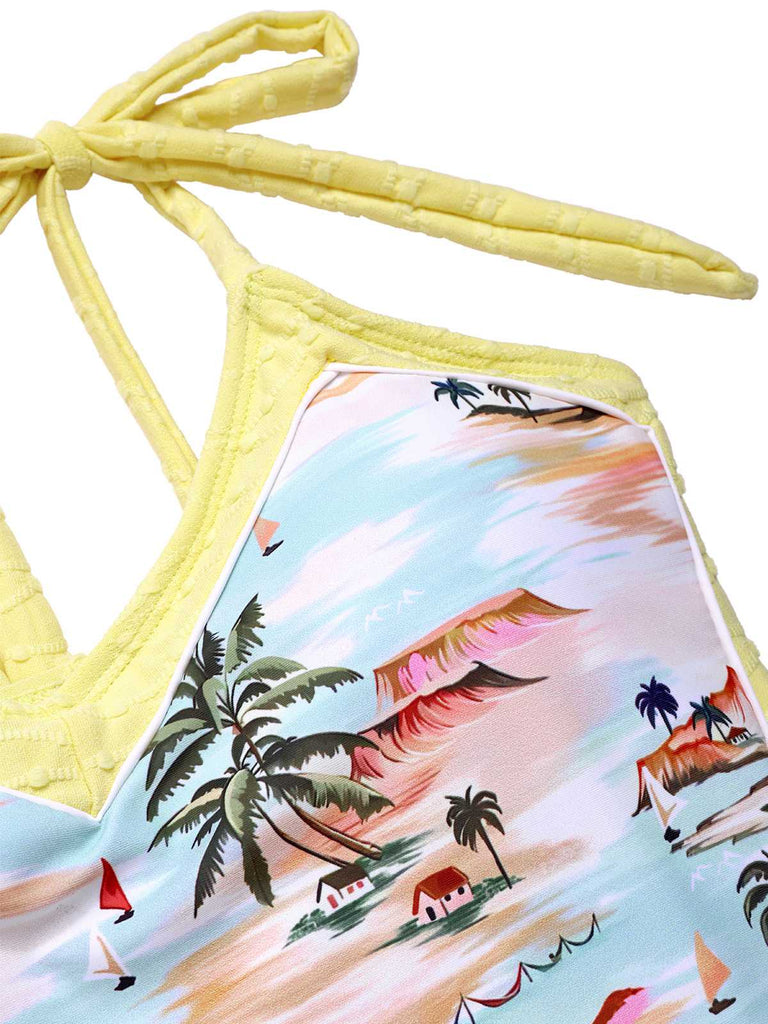 [Pre-Sale] Yellow 1950s Beach Prints One-Piece Swimsuit